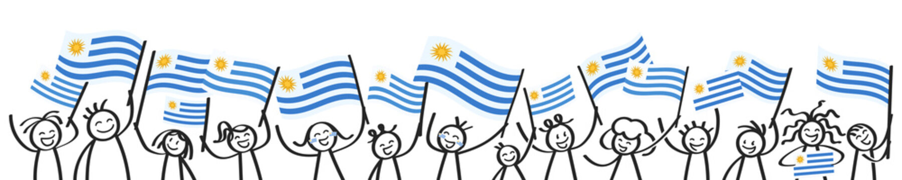 Cheering crowd of happy stick figures with Uruguayan national flags, smiling Uruguay supporters, sports fans isolated on white background