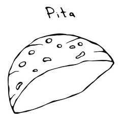 Pita Pocket Bread. Arabic Israel Healthy Fast Food Bakery. Jewish Street Food. Realistic Hand Drawn Illustration. Savoyar Doodle Style.