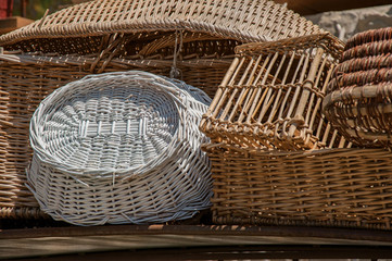 Close-up of colorful wicker baskets in the charming village of Moustiers-Sainte-Marie. In the Alpes-de-Haute-Provence department, Provence region, southeastern France