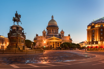 Fototapeta na wymiar Saint-Petersburg, Russia,28 May, 2018: Square Saint Isaac's Cathedral during white nights. View from river.
