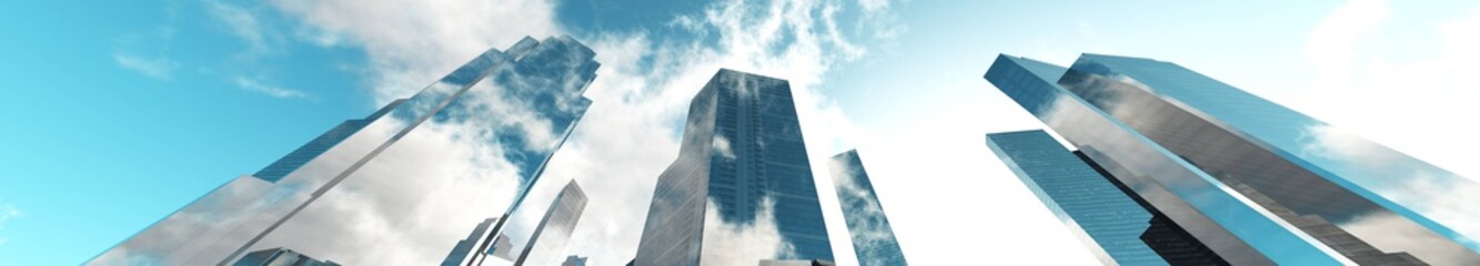 Naklejka na ściany i meble Skyscrapers against the sky with clouds, a panorama of modern high-rise buildings, 3D rendering