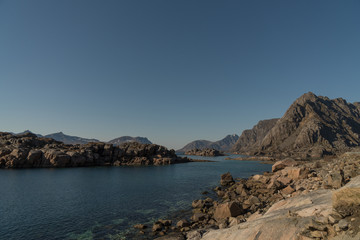 Rorvikstranda beach and Gimsoystraumen fjord near Henningsvaer at Lofoten Islands / Norway