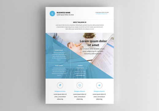 Business Flyer Layout with Blue Diagonal Overlay