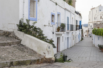 Solitary street, winter day in historic center of Ibiza. Balearic islands,Spain.