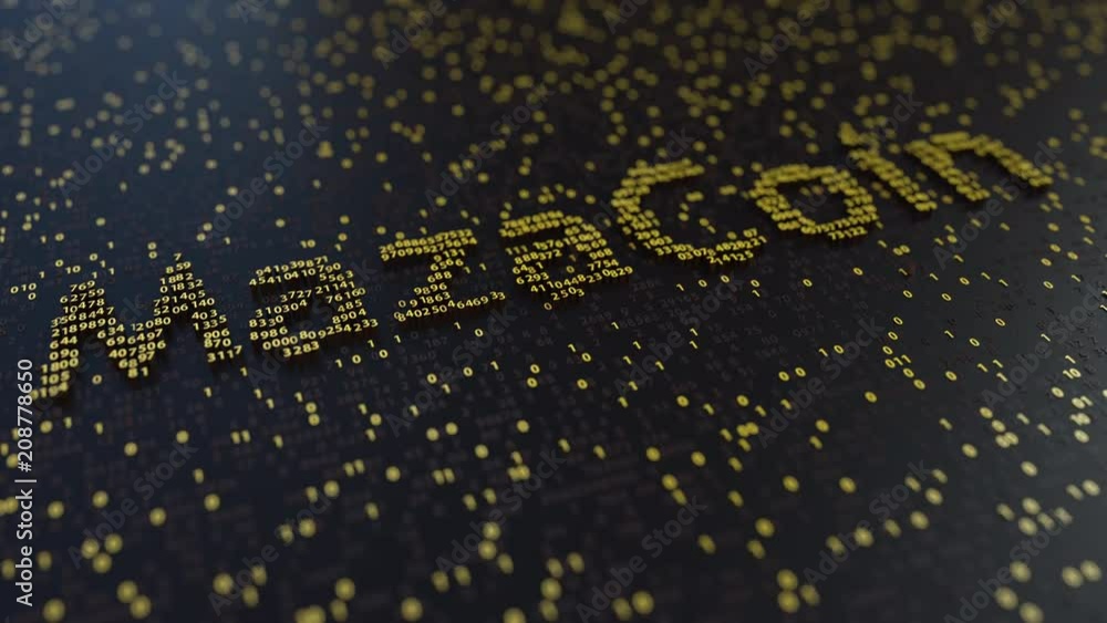 Poster mazacoin word made of moving golden numbers. cryptocurrency mining or transactions related conceptua