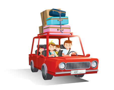 Family road trip. travel by car with kids on white background. Vector, illustration.