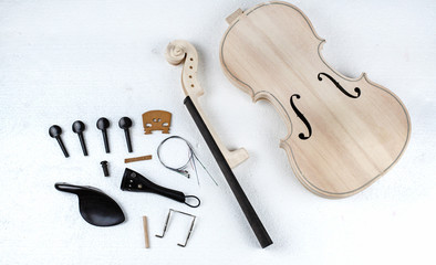 The raw violin body,belly with F-hole put beside raw violin parts. there are neck ,finger board,bridge,tailpiece,tail gut ,saddle,string,chin rest,sound post stick,on background.