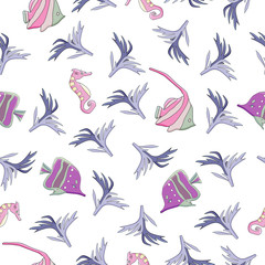 Pattern Sea texture with fish, star and seaweed on white background. Vector illustration