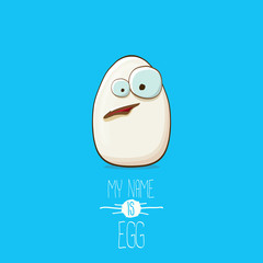 white egg cartoon characters isolated on blue background. My name is egg vector concept illustration. funky farm food or easter character with eyes