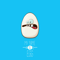 white egg cartoon characters isolated on blue background. My name is egg vector concept illustration. funky farm food or easter character with eyes