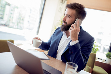 Happy businessman using laptop