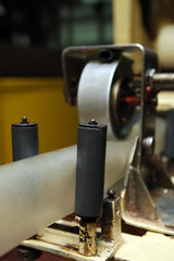 Fototapeta premium Manufacture of a natural shell for sausage. Collagen shell for sausages. Collagen casings industry for sausage products. Film for sausages. Large-scale production.