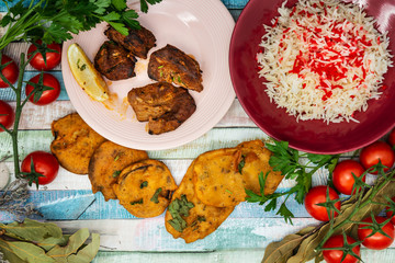 Traditional Indian food chicken tandoori and Tikka with garlic naan