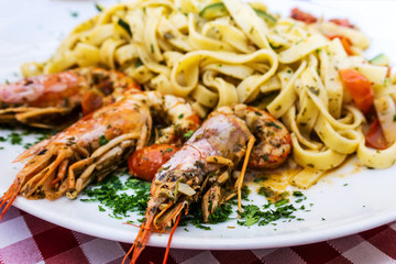 Pasta with Shrimp Dinner Dish on a the table
