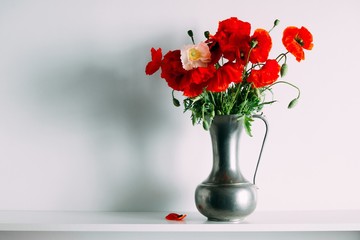 Beautiful flowers in a vase against a white wall. Bouquet of wild red poppies. Space for your text. 
