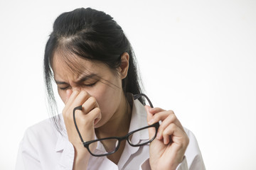  Eyes strain from wearing glasses / Young woman feeling discomfort because of  wearing short...