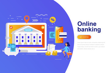 Online banking modern flat concept web banner with decorated small people character. Landing page template.