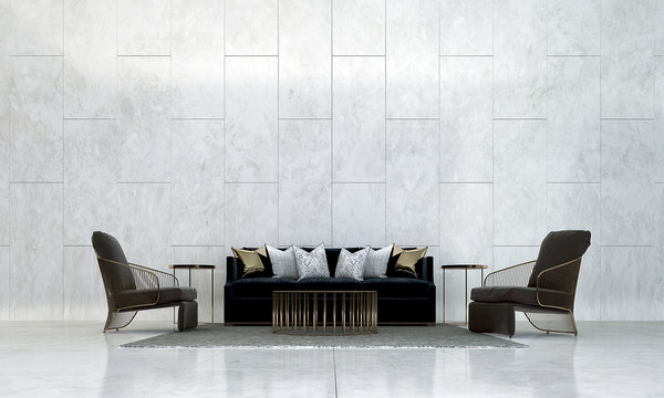 The luxury lounge hall and living room and marble tile pattern wall interior design