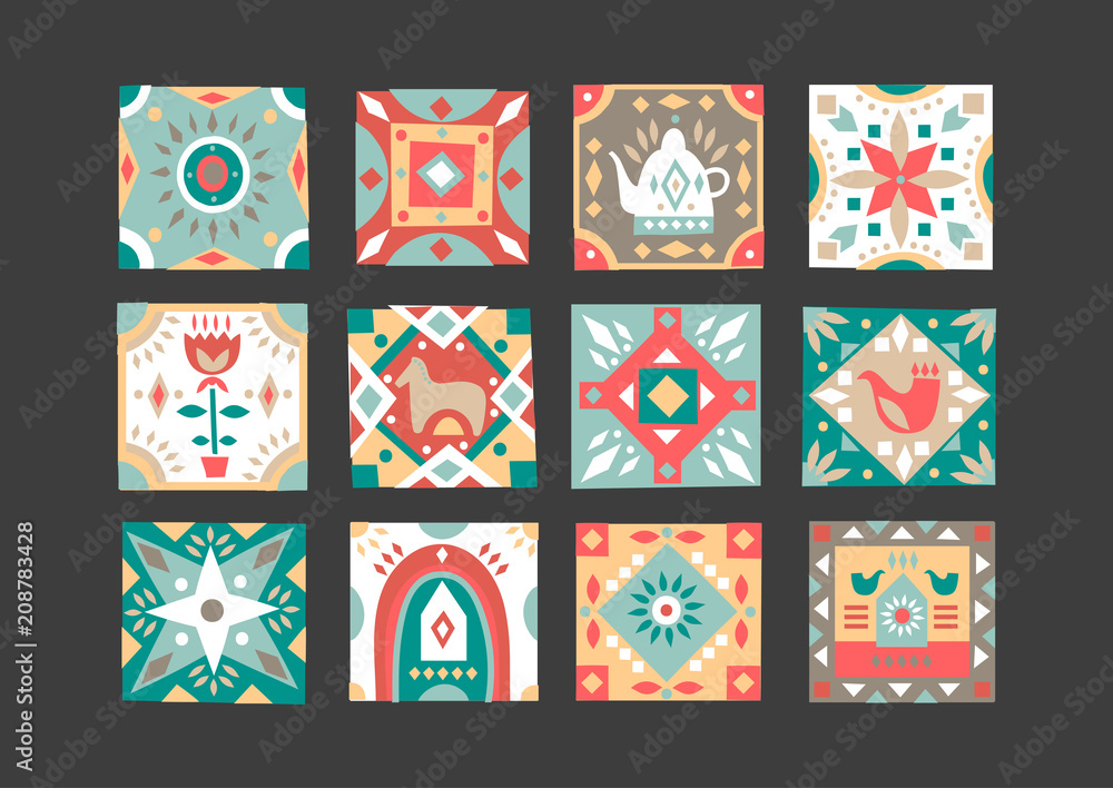 Poster set of hand-drawn square tiles with folk rustic patterns.