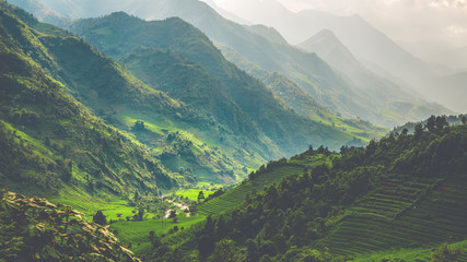 Sunshine on a rainy day in the mountains of Northern Vietnam - obrazy, fototapety, plakaty