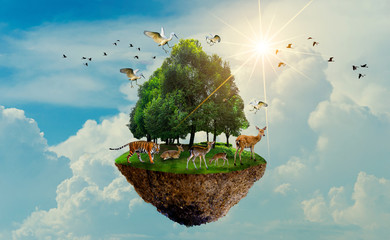Naklejka premium forest tree Wildlife tiger Deer Bird Island Floating in the sky World Environment Day World Conservation Day Earth Day
