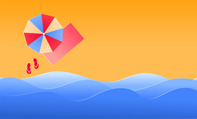 Summer Banner Vector Background, beach with waves and sun umbrella