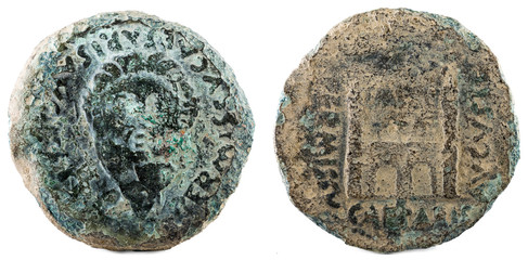 Dupondius. Ancient Roman bronze coin of Emperor Augustus. Minted in Emerita Augusta. Current Merida in Spain.