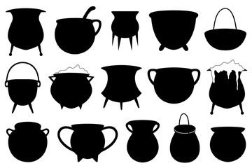 Set of different Halloween witches pots isolated on white