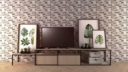 Smart Tv Mock-up on empty room, rock tiles wall in modern empty interior. 3d rendering