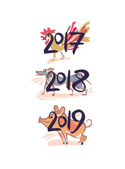 Pig 2019. Dog 2018. Rooster 2017. Painted Symbols of the years on the Chinese calendar. Vector template handwritten figures.