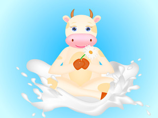 Cute cartoon cow in the lotus position in the milk splash. Vector illustration.