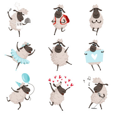 Funny cartoon sheeps in various action poses
