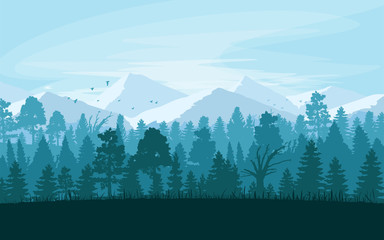 Summer landscape with moutain and forest. Blue sky. Vector Illustration. 