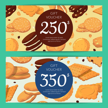 Vector discount or gift card voucher templates with cartoon cookies