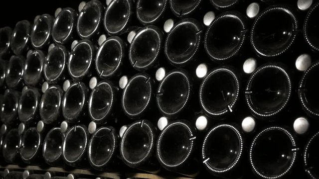 Production of Sparkling Wine of Champagne . Old Wine Cellars a Warehouse with Bottles