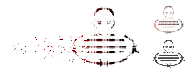 Vector barbed wire prisoner icon in sparkle, dotted halftone with red to black horizontal gradient and undamaged solid variants. Disappearing effect involves rectangle particles.