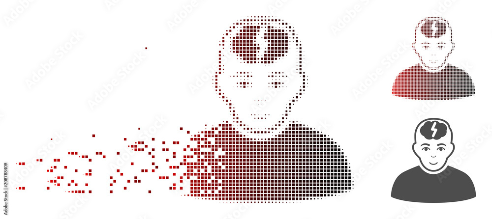 Poster vector brainstorm guy icon in fractured, pixelated halftone with red to black horizontal gradient an