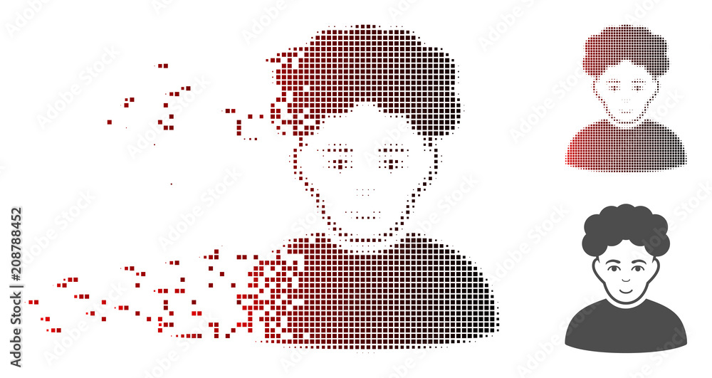 Poster vector brunet man icon in dissolved, pixelated halftone with red to black horizontal gradient and un