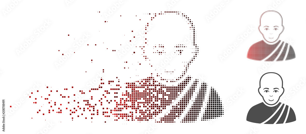 Poster vector buddhist monk icon in fractured, pixelated halftone with red to black horizontal gradient and