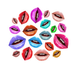 Fototapeta na wymiar Colorful lips on white background. Vector lipstick or lip gloss 3d realistic illustration.