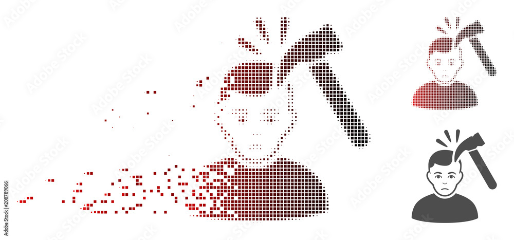 Poster vector hammer murder icon in fractured, dotted halftone with red to black horizontal gradient and un