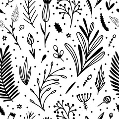 Seamless pattern with botanical graphics: flowers, plants, leaves, floral illustrations