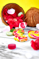 Explosion of candies from coconut.