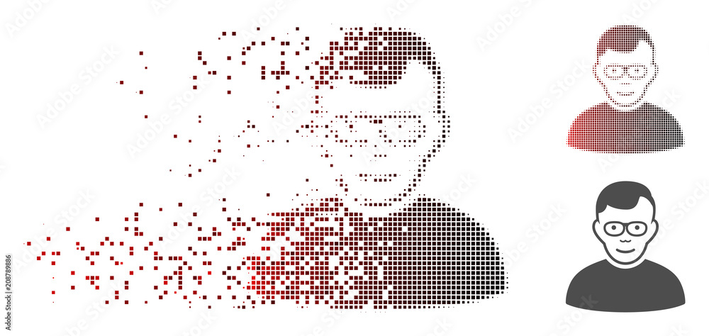 Poster vector pensioner icon in sparkle, pixelated halftone with red to black horizontal gradient and undam