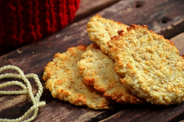 Oat coconut cookies on a wooden background