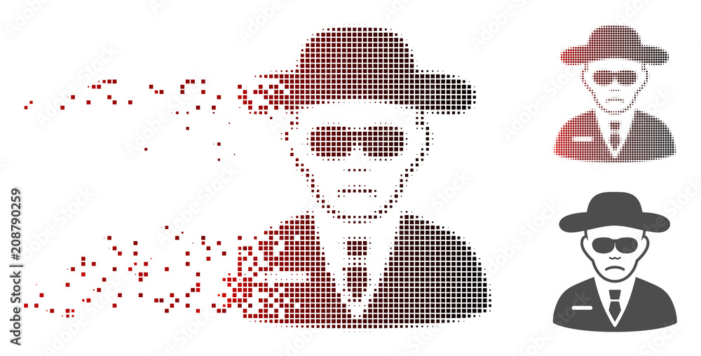 Poster vector security guy icon in dissolved, pixelated halftone with red to black horizontal gradient and 