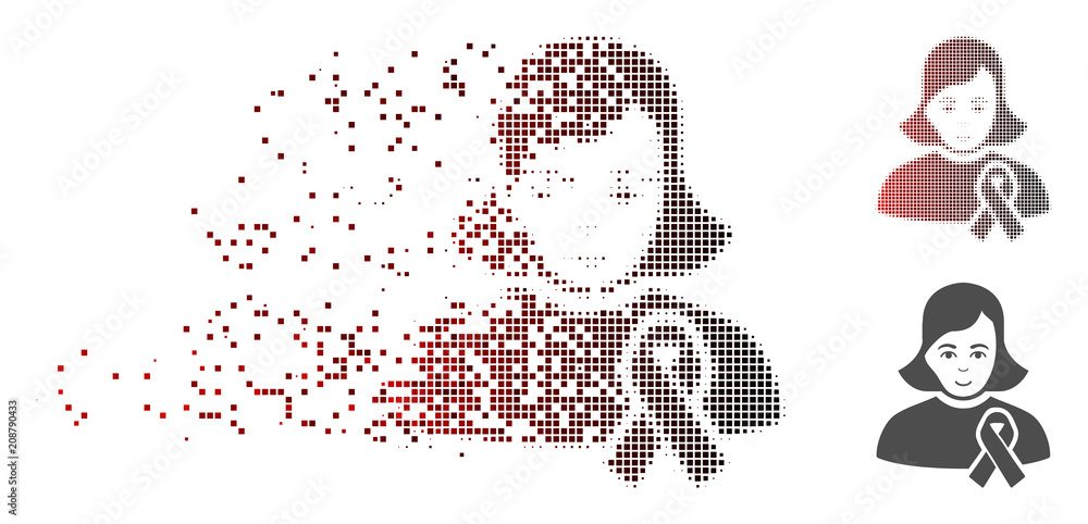 Poster vector sympathy ribbon girl icon in dispersed, pixelated halftone with red to black horizontal gradi