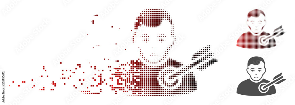 Poster vector target person icon in fractured, dotted halftone with red to black horizontal gradient and un