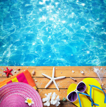 Summer Vacation - Beach Accessories With Pool background
