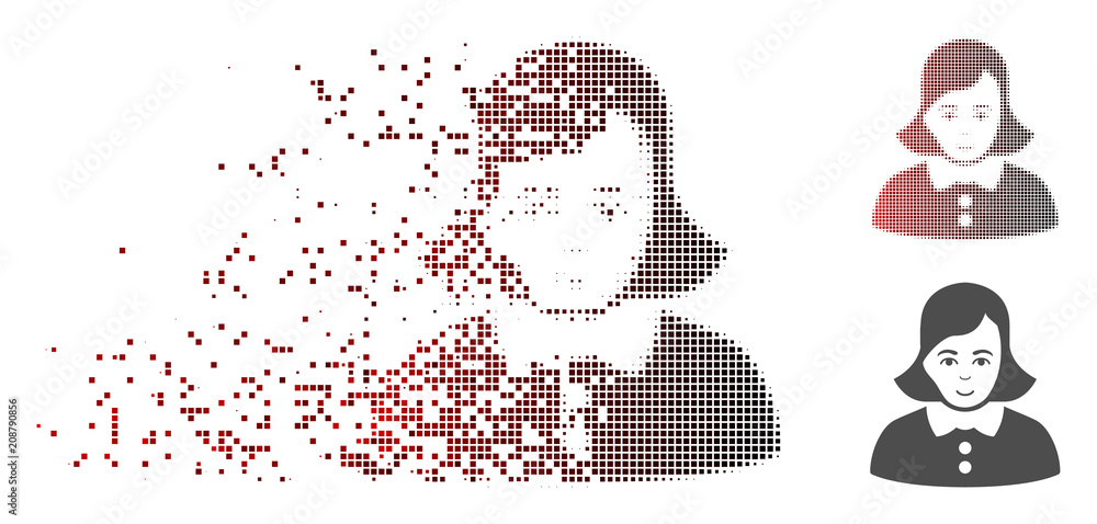 Poster vector woman icon in dispersed, pixelated halftone with red to black horizontal gradient and undamag